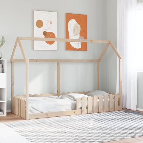 Emmtore Kinderbett, Bodenbett mit Rausfallschutz Lattenrost, Hausbett für Jungen Mädchen, Holzbett Bett Kinderzimmer,Natur,80 x 200 cm von Emmtore