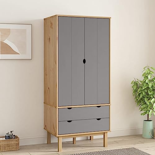 Emmtore Kleiderschrank Garderobenschrank Garderobe Schlafzimmerschrank Hochschrank Holzschrank Schrank mit Schublade 76,5x53x172cm Massivholz Kiefer,Braun und Grau von Emmtore