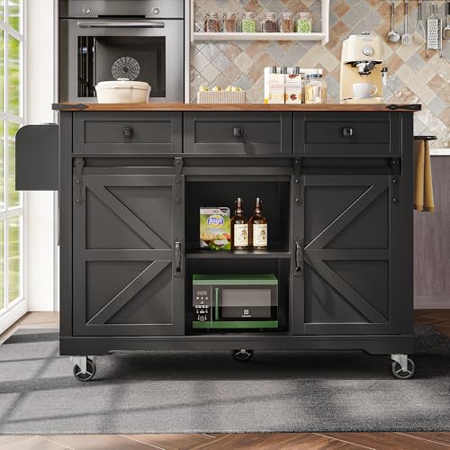 Emmtore Kücheninsel, Servierwagen mit ausziehbarer Arbeitsplatte, Küchenwagen auf Rollen, Küchenschrank mit 2 Schiebetüren und 3 Schubladen,Speisewagen mit Holzmaserung,Küchenschrank von Emmtore