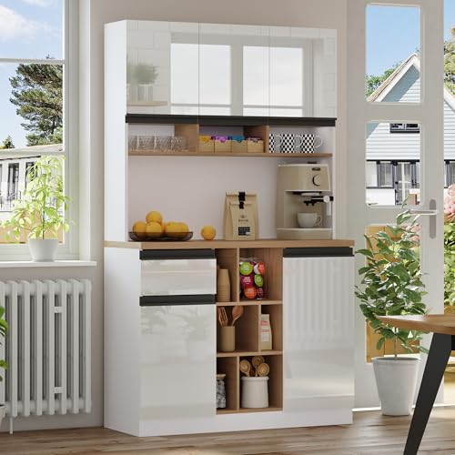 Emmtore Küchenschrank, Buffet, Sideboard, Hochglanztüren, Metallgriffe,verstellbare Regale,Schubladen,offener Stauraum,Kippschutz,für Küche Esszimmer 105×45×185 cm (Weiß) von Emmtore