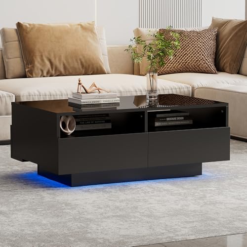 Emmtore LED Hochglanz Couchtisch mit 4 Schubladen, Sofatisch, Wohnzimmertisch,Modern Center Table mit 16 Farben LED Lichter für Wohnzimmer Schlafzimmer,USB von Emmtore