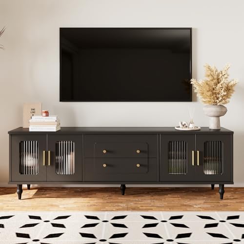 Emmtore Lowboard, TV-Möbel im Retro-Stil: goldene Griffe, viel Stauraum. Mit Glastür und Beinen aus Massivholz Emmtore Lowboard, TV-Möbel im Retro-Stil: goldene Griffe, viel Stauraum. Mit Glastür und Beinen aus Massivholz von Emmtore