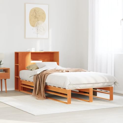 Emmtore Massivholzbett, Bett mit Bücherregal ohne Matratze, Holzbett Bettgestell mit Lattenrost, Palettenbett für Schlafzimmer, Wachsbraun,100 x 200 cm von Emmtore