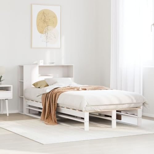 Emmtore Massivholzbett, Bett mit Bücherregal ohne Matratze, Holzbett Bettgestell mit Lattenrost, Palettenbett für Schlafzimmer, Weiß,100 x 200 cm von Emmtore