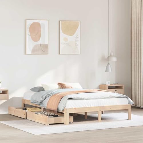 Emmtore Massivholzbett, Holzbett mit Schubladen, Bettgestell Bettrahmen mit Lattenrost, Doppelbett Einzelbett Bett für Schlafzimmer, Natur,160 x 200 cm von Emmtore