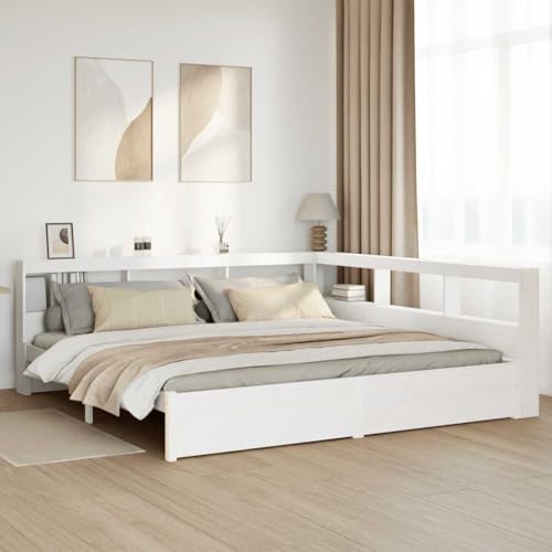 Emmtore Massivholzbett mit Regal ohne Matratze Kiefer, Holzbett mit Regal, Massivholzbett mit Regal, Bett, Holzbett mit Bücherregal Weiß,200 x 200 cm von Emmtore