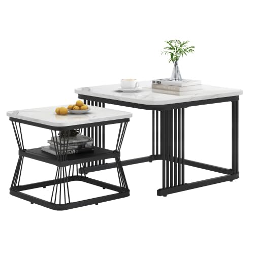 Emmtore Merax Quadratisch Couchtisch 2er Set, Moderne Wohnzimmertisch mit Marmoroptik, Hochglänzend Satztisch mit Stauraum, für Wohnzimmer, Balkon und Büro, Metallgestell, Weiß und Schwarz von Emmtore