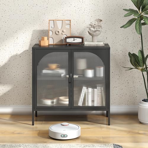 Emmtore Metallseitenbrett-Schrank, Akzent-Speicherschrank mit 2 Glasklappen, Moderner Kaffebar-Schrank mit Einstellbaren Regalen für Küche, Wohnzimmer und Flur, Schwarz, H80cm×B80cm×T35cm von Emmtore