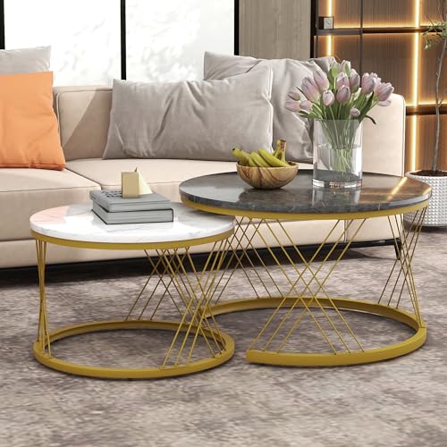 Emmtore Moderne Nesting Couchtisch, Couchtisch Satz Marmor Furnier Sofa Seite Nest von Tischen Runde Endtische, Satz von 2, Goldene Farbe Frame Emmtore Moderne Nesting Couchtisch, Couchtisch Satz Marmor Furnier Sofa Seite Nest von Tischen Runde Endtische, Satz von 2, Goldene Farbe Frame von Emmtore