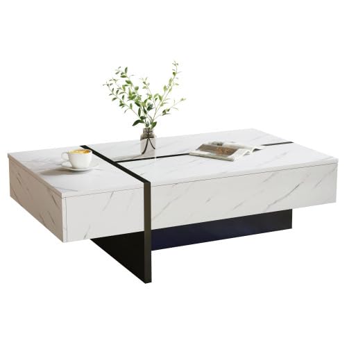 Emmtore Moderner Couchtisch mit LED-Beleuchtung, Marmormuster, Hochglanz Tischplatte, Unregelmäßiges Design Couchtisch, Sideboard 105 * 60 * 35cm Weiß Emmtore Moderner Couchtisch mit LED-Beleuchtung, Marmormuster, Hochglanz Tischplatte, Unregelmäßiges Design Couchtisch, Sideboard 105 * 60 * 35cm Weiß von Emmtore