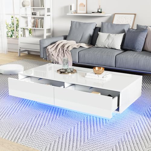 Emmtore Moderner Hochglanz Couchtisch in Weiß, 115 x 55 x 34 cm, mit 2 Schubladen, LED-Beleuchtung und 30 kg Tragkraft – Eleganter Wohnzimmertisch von Emmtore