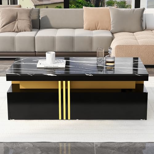Emmtore Moderner rechteckiger Couchtisch mit Hochglanzplatte mit 2 Holzschubladen, marmorierte Tischplatte, für Wohnzimmer, 100 * 50 * 40 cm Schwarz Emmtore Moderner rechteckiger Couchtisch mit Hochglanzplatte mit 2 Holzschubladen, marmorierte Tischplatte, für Wohnzimmer, 100 * 50 * 40 cm Schwarz von Emmtore
