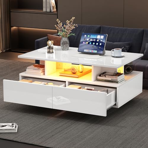 Emmtore Modernes Hochglanz-Couchtisch mit LED-Beleuchtung und 2 Schubladen – Stilvoller Beistelltisch mit Stauraum, Belastbar bis 30 kg 90x55x41 cm Weiß von Emmtore