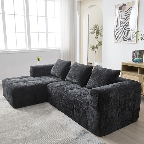 Emmtore Modernes Sektionssofa, 3-Sitzer-Sofa, Keine Installation erforderlich, Chenille-Sofa mit Chaiselongue und Armlehnen, 3 Kissen, Seitentasche für Fernbedienung von Emmtore
