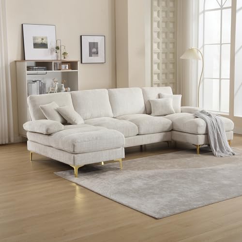 Emmtore Modernes großes Chenille U-Shape Sektionssofa mit doppelten Liegesitzen für Wohnzimmer Schlafzimmer Büro Wohnung Villa Wohnzimmer Zuhause am Kamin, 272 x 136 x 88cm (Beige) von Emmtore