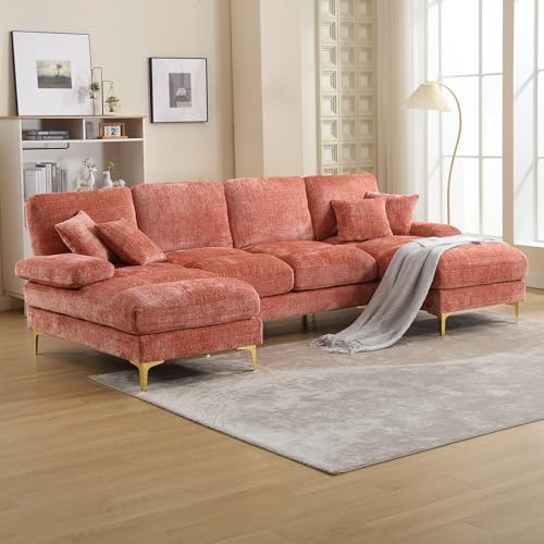 Emmtore Modernes großes Chenille U-Shape Sektionssofa mit doppelten Liegesitzen für Wohnzimmer Schlafzimmer Büro Wohnung Villa Wohnzimmer Zuhause am Kamin, 272 x 136 x 88cm (Rosa) von Emmtore