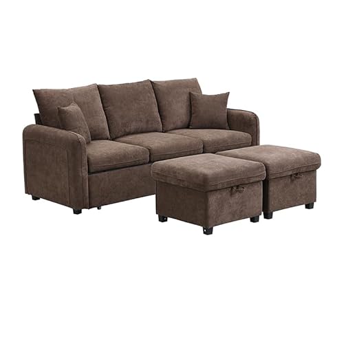 Emmtore Multifunktionale Ecksofa U-Form-Dreisitzer Polster-Sofa mit Staufunktion – Inklusive Schubladen + Hocker mit Staufach, modular zerlegbares Sofa-Set mit Schlaffunktion (Braun) von Emmtore
