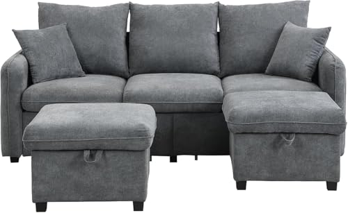 Emmtore Multifunktionale Ecksofa U-Form-Dreisitzer Polster-Sofa mit Staufunktion – Inklusive Schubladen + Hocker mit Staufach, modular zerlegbares Sofa-Set mit Schlaffunktion (Dunkelgrau) von Emmtore