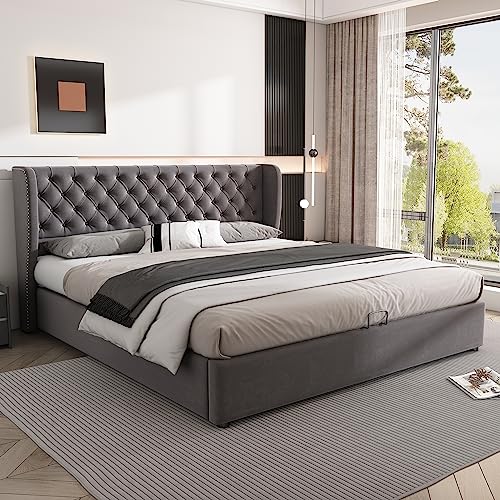 Emmtore Ohrenform Samtstoff Große Knopfnähte Doppelbett Hydraulisches Funktionsbett mit Lattenrost und Stauraum, Bettunterseite ist mit einem schmutzabweisenden Vliesstoff (Grau,180×200cm) von Emmtore