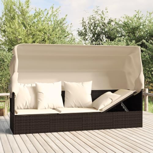 Emmtore Outdoor-Loungebett mit Dach und Kissen Braun Poly Rattan von Emmtore