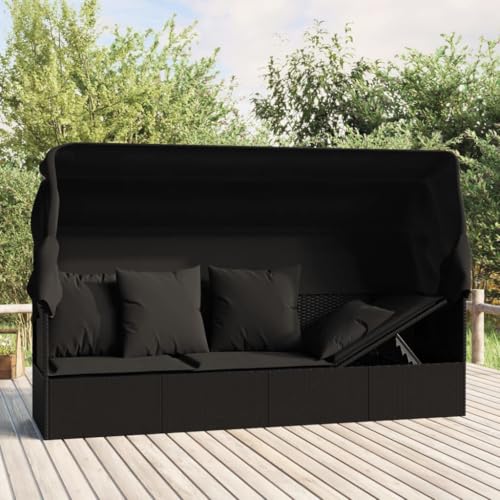 Emmtore Outdoor-Loungebett mit Dach und Kissen Schwarz Poly Rattan von Emmtore