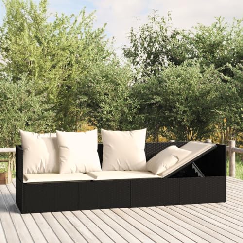 Emmtore Outdoor-Loungebett mit Kissen Schwarz Poly Rattan Kissenfarbe Cremeweiß von Emmtore