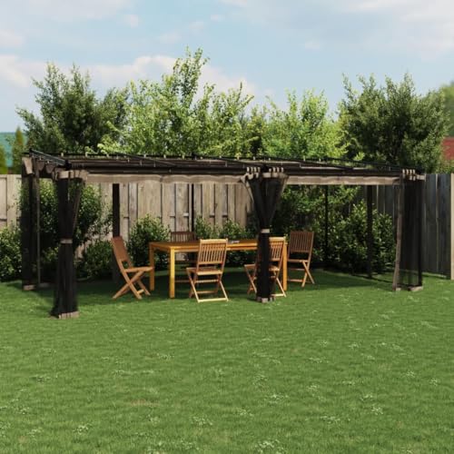 Emmtore Pavillon mit Netzwände Schiebedach, Sonnenschutz Überdachung für Terrasse Garten, Gartenpavillon Terrassendach Gartenzeltn Taupe 6x3 m Stahl von Emmtore