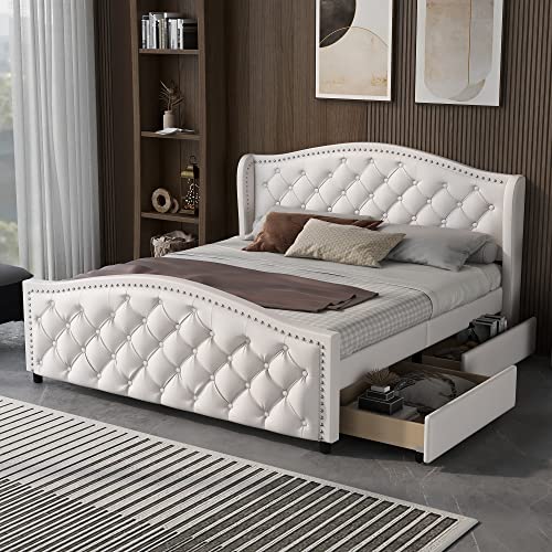Emmtore Polsterbett Bett mit Lattenrost, 2 Schubladen und Kopfteil mit Zugpunktnieten – Holz & Kunstleder – Jugendbett Gästebett von Emmtore