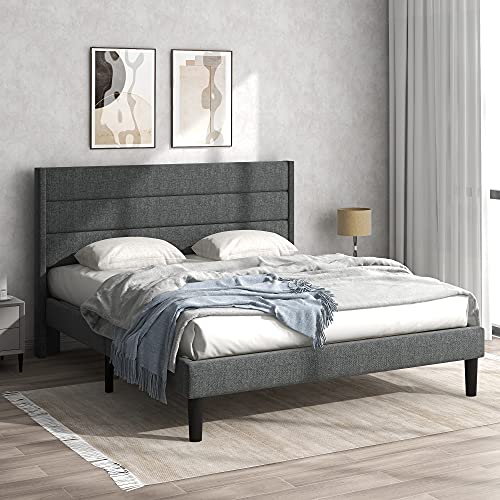 Emmtore Polsterbett Bettgestell mit Lattenrost & Kopfteil, gepolstertes Doppelbett, Textilbezug Leinen, Zeitloses modernes Design, Jugendbett (Dunkelgrau,140 x 200 cm) von Emmtore
