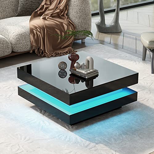 Emmtore Quadratischer Couchtisch in Schwarz - moderner technologischer Stil mit 16-Farbiger LED-Beleuchtung, 70x70x36 cm, max. Belastung 45kg von Emmtore
