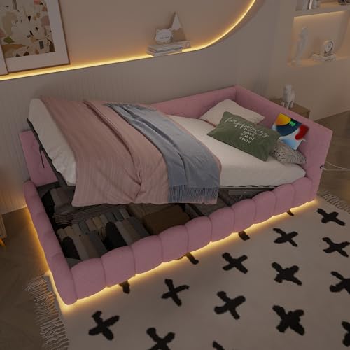 Emmtore Schlafsofa, Einzelbett mit Hydraulischem Stauraum, mit LED-Licht und USB-Ladefunktion, Tagesbett Bett mit Lattenrost, Komfortmaterial, Vliesimitat Emmtore Schlafsofa, Einzelbett mit Hydraulischem Stauraum, mit LED-Licht und USB-Ladefunktion, Tagesbett Bett mit Lattenrost, Komfortmaterial, Vliesimitat von Emmtore