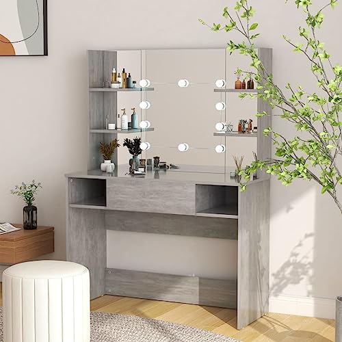 Emmtore Schminktisch mit LED-Beleuchtung Kosmetiktisch Frisiertisch Spiegel Schminkspiegel Kommode Frisierkommode 100x40x135cm MDF Glänzendes Betongrau von Emmtore