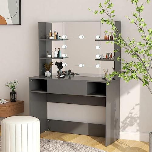 Emmtore Schminktisch mit LED-Beleuchtung Kosmetiktisch Frisiertisch Spiegel Schminkspiegel Kommode Frisierkommode 100x40x135cm MDF Glänzendes Grau Emmtore Schminktisch mit LED-Beleuchtung Kosmetiktisch Frisiertisch Spiegel Schminkspiegel Kommode Frisierkommode 100x40x135cm MDF Glänzendes Grau von Emmtore
