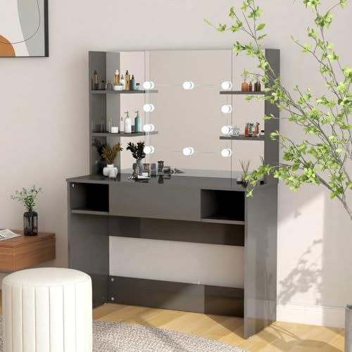 Emmtore Schminktisch mit LED-Beleuchtung Kosmetiktisch Frisiertisch Spiegel Schminkspiegel Kommode Frisierkommode 100x40x135cm MDF Glänzendes Hochglanz-Grau Emmtore Schminktisch mit LED-Beleuchtung Kosmetiktisch Frisiertisch Spiegel Schminkspiegel Kommode Frisierkommode 100x40x135cm MDF Glänzendes Hochglanz-Grau von Emmtore