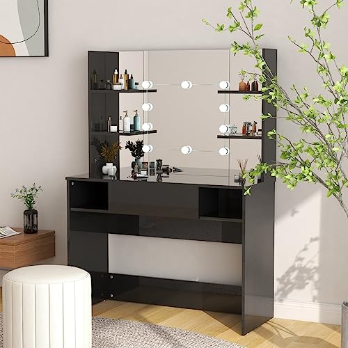 Emmtore Schminktisch mit LED-Beleuchtung Kosmetiktisch Frisiertisch Spiegel Schminkspiegel Kommode Frisierkommode 100x40x135cm MDF Glänzendes Hochglanz-Schwarz Emmtore Schminktisch mit LED-Beleuchtung Kosmetiktisch Frisiertisch Spiegel Schminkspiegel Kommode Frisierkommode 100x40x135cm MDF Glänzendes Hochglanz-Schwarz von Emmtore