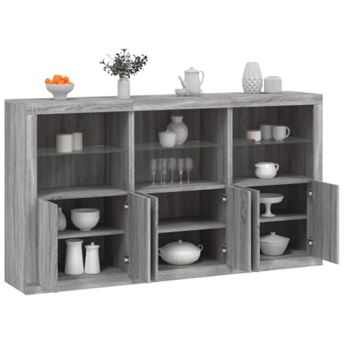 Emmtore Sideboard, Kommode mit viel Stauraum, Highboard Schrank mit LED-Leuchten Anrichte Beistellschrank StandschrankGrau Sonoma von Emmtore