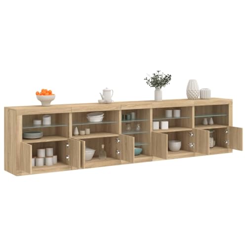 Emmtore Sideboard, Kommode mit viel Stauraum Highboard Schrank mit LED-Leuchten, Anrichte Beistellschrank Standschrank Sonoma Eiche von Emmtore
