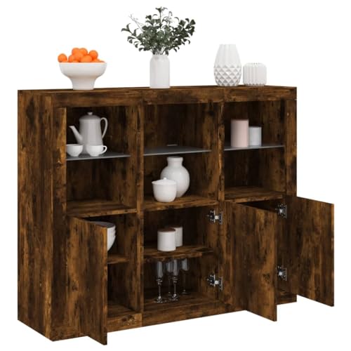 Emmtore Sideboard 3 STK, Kommode mit viel Stauraum, Highboard Schrank mit LED-Leuchten, Anrichte Beistellschrank Standschrank,Holzwerkstoff Räuchereiche von Emmtore
