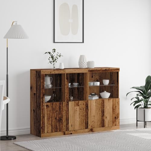Emmtore Sideboard 3 STK., Kommode mit viel Stauraum, Highboard Schrank mit LED-Leuchten, Anrichte Beistellschrank Standschrank,Modern Holzwerkstoff Altholz von Emmtore