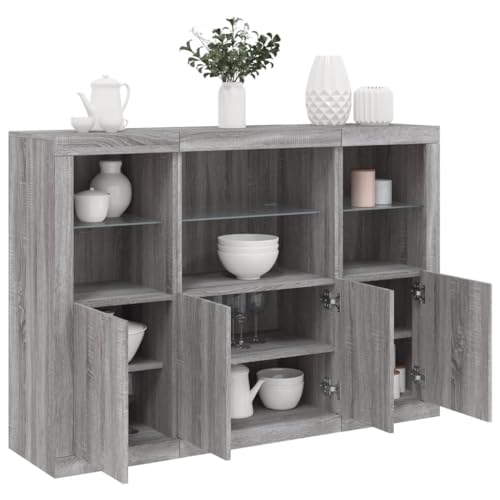 Emmtore Sideboard 3 STK., Kommode mit viel Stauraum, Highboard Schrank mit LED-Leuchten, Anrichte Beistellschrank Standschrank,Modern Holzwerkstoff Grau Sonoma von Emmtore