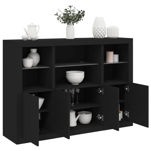 Emmtore Sideboard 3 STK., Kommode mit viel Stauraum, Highboard Schrank mit LED-Leuchten, Anrichte Beistellschrank Standschrank,Modern Holzwerkstoff Schwarz von Emmtore