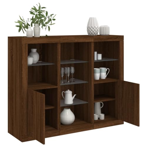 Emmtore Sideboard 3 STK., Kommode mit viel Stauraum, Highboard Schrank mit LED-Leuchten Anrichte Beistellschrank Standschrank Holzwerkstoff Braune Eiche von Emmtore
