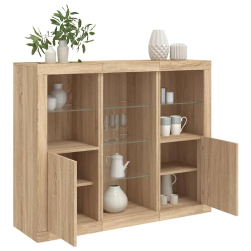 Emmtore Sideboard 3 STK., Kommode mit viel Stauraum, Highboard Schrank mit LED-Leuchten Anrichte Beistellschrank Standschrank Holzwerkstoff Sonoma Eiche von Emmtore
