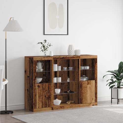 Emmtore Sideboard 3 STK. Kommode mit viel Stauraum, Highboard Schrank mit LED-Leuchten, Anrichte Beistellschrank StandschrankAltholz von Emmtore