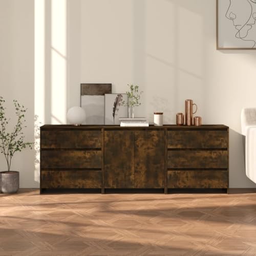 Emmtore Sideboard 3-TLG. Kommode Anrichte Schrank Beistellschrank Mehrzweckschrank Standschrank Flurschrank Wohnzimmer Holzwerkstoff Räuchereiche von Emmtore