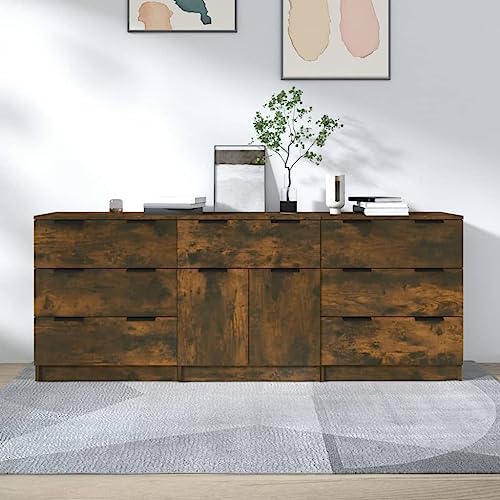 Emmtore Sideboard 3-TLG. Kommode Anrichte Schrank Beistellschrank Mehrzweckschrank Standschrank mit Schubladen Räuchereiche von Emmtore