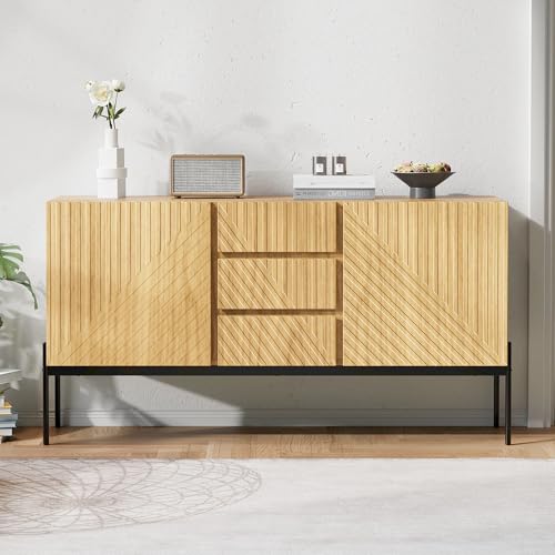 Emmtore Sideboard mit 2 Türen und 3 Schubladen,Metallbeinen, TV-Schrank,Buffet, Kommode mit Linien-Design, Maße: H75 cm / B140 cm/ T40 cm von Emmtore
