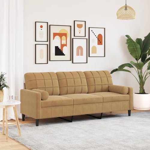 Emmtore Sofa 3-Sitzer, Couch mit Zierkissen Armlehnen Metallgestell, Polstersofa für Wohnzimmer, Loungesofa Sitzmöbel Modern Samt Braun,180 cm von Emmtore
