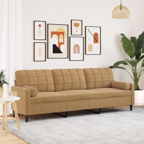 Emmtore Sofa 3-Sitzer, Couch mit Zierkissen Armlehnen Metallgestell, Polstersofa für Wohnzimmer, Loungesofa Sitzmöbel Modern Samt Braun,210 cm von Emmtore