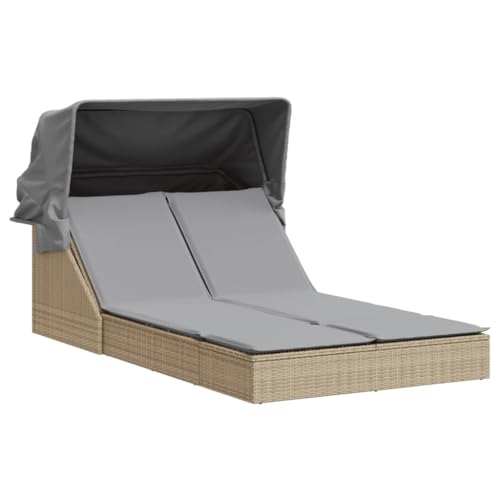 Emmtore Sonnenliege, Doppelliege mit Dach Auflagen, Gartenliege Verstellbare Rückenlehne, Relaxliege Liege Gartenmöbel,Poly Rattan Sonnenliege,Beige und Grau von Emmtore
